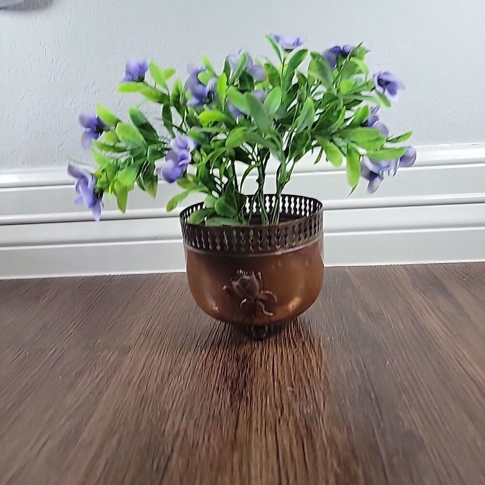 Vtg Copper Planter Brass Trim Embossed Flowers Ball feet 4.5 x 3.5” Art Nouveau
